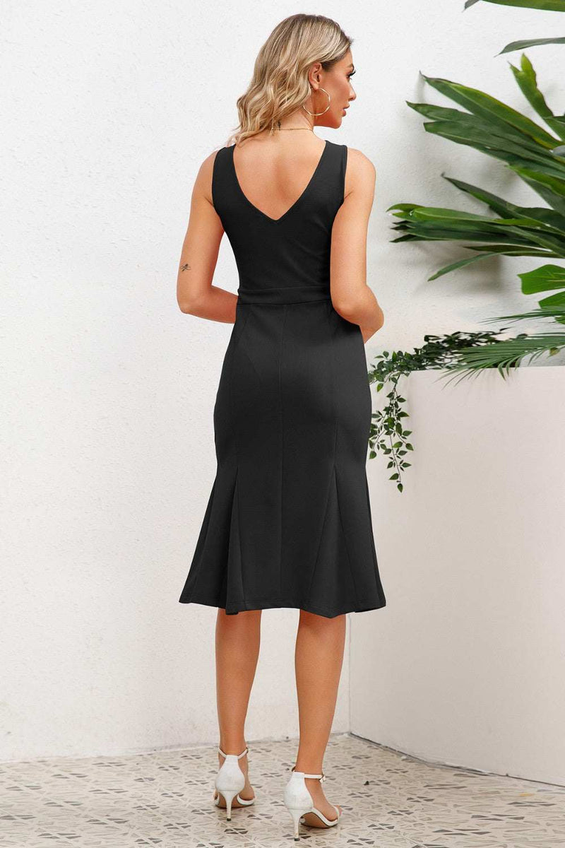Wide strap wrap fishtail dress with open back design