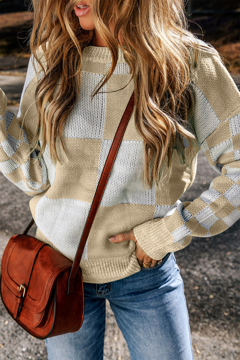 Mint Green Checkered Print Drop Shoulder Sweater