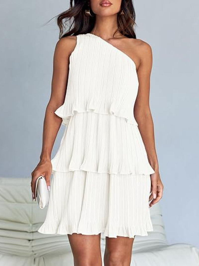 Layered single shoulder mini dress with ruffled design.