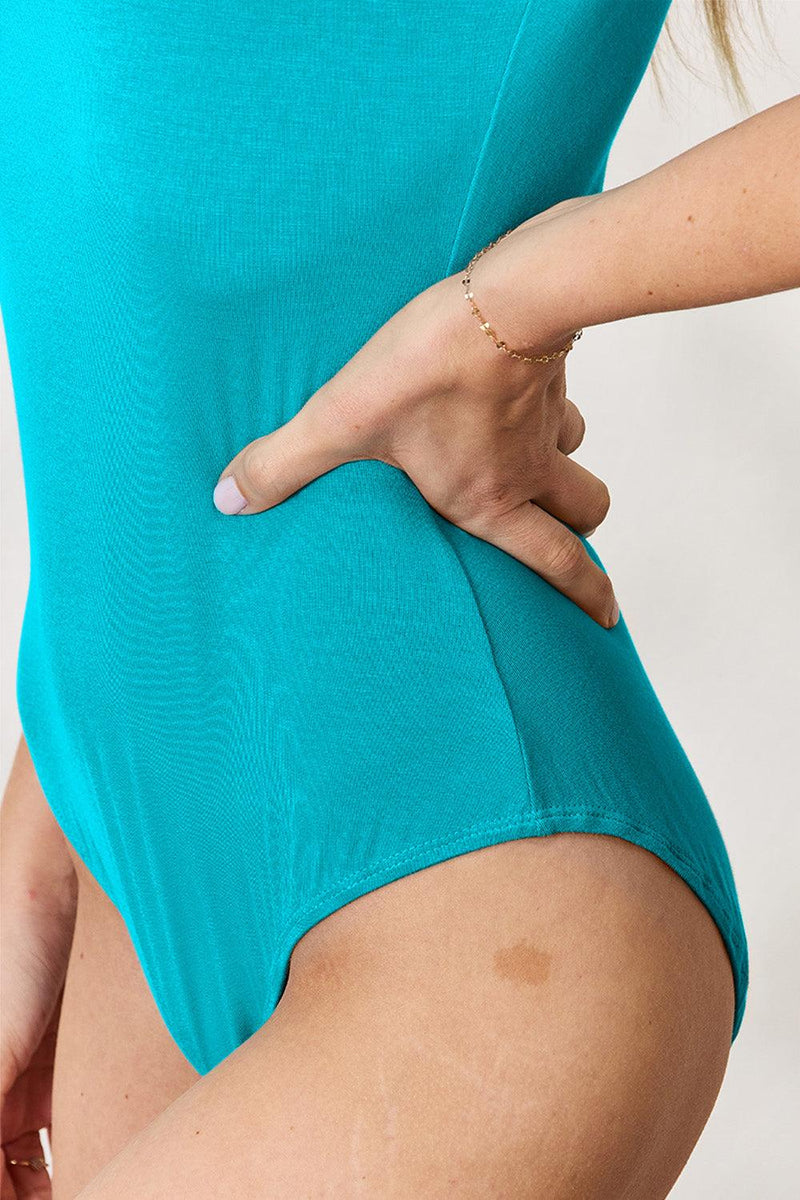 Basic Bae turquoise bodysuit, round neck, short sleeve, full size, close-up.