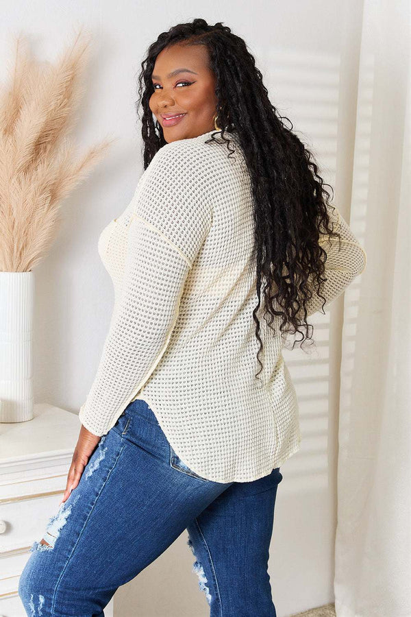 Culture Code full-size scoop neck top with patch pocket, white, worn by model with jeans, cozy and elegant design.