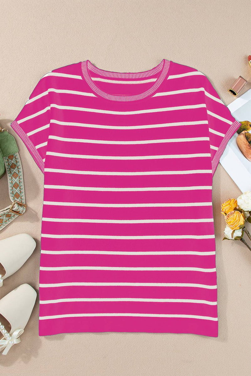 Striped round neck cap sleeve knit top in pink and white.