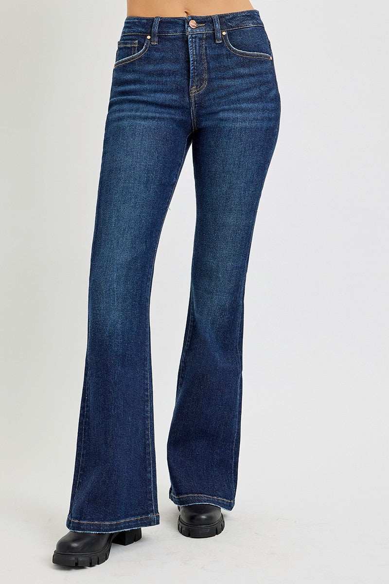 Retro Chic High Rise Flare Jeans with Pockets, dark blue wash, high-quality denim.