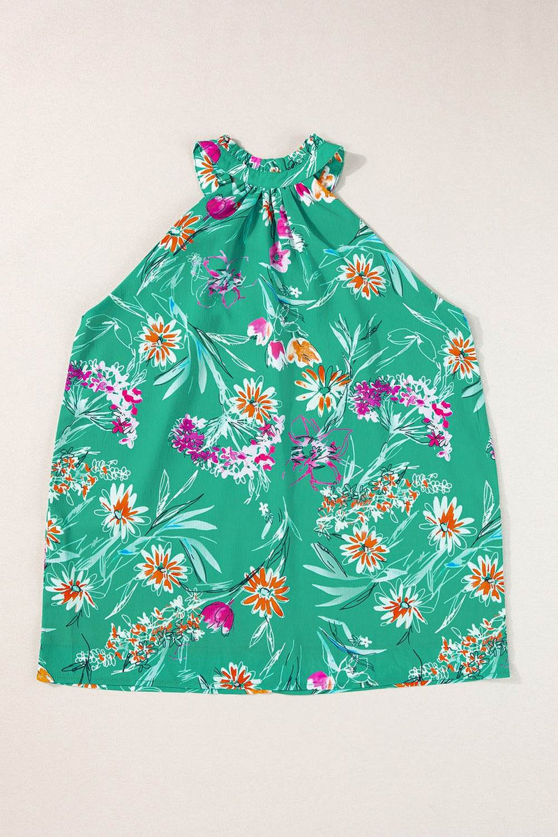 Frill Printed Grecian Tank with floral design on green fabric.