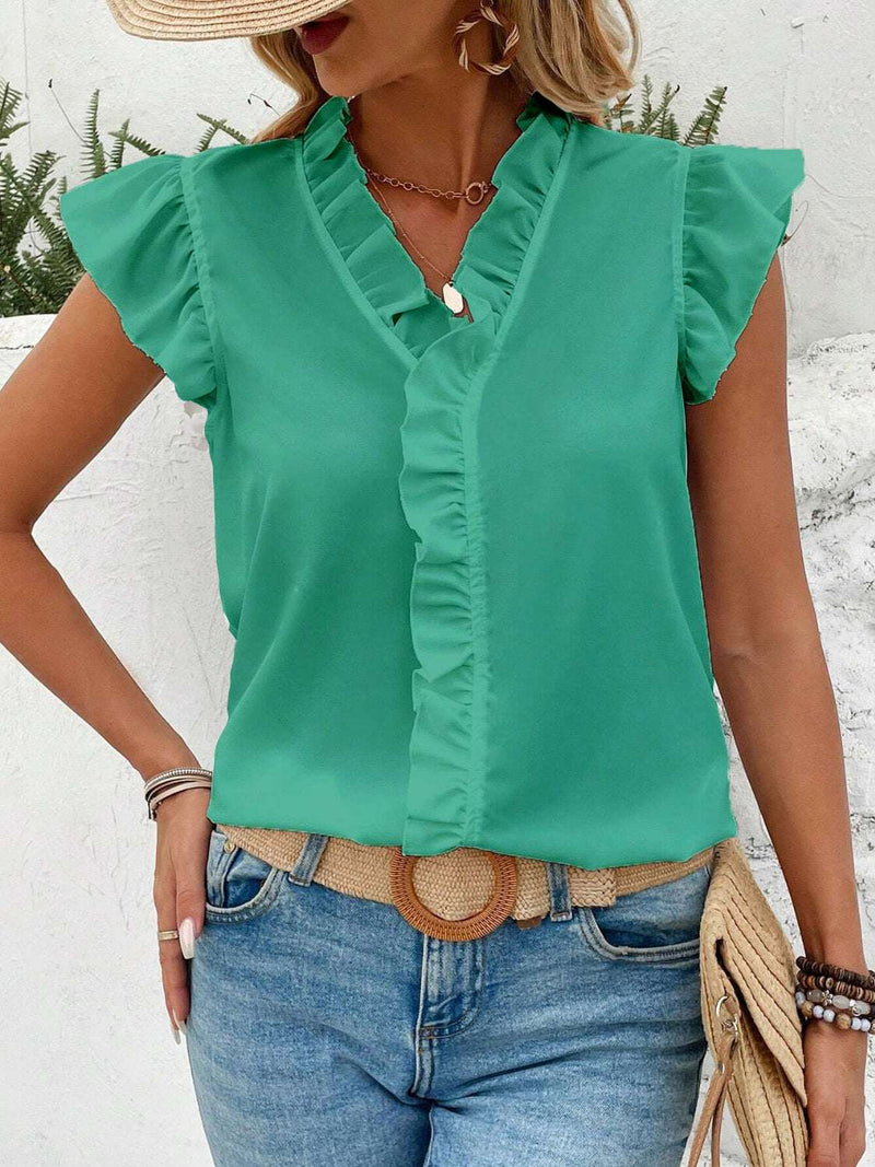 Ruffled V-Neck Cap Sleeve BlouseFeatures: Ruffled
Sheer: Opaque
Stretch: No stretch
Material composition: 100% polyester
Care instructions: Machine wash cold. Tumble dry low.
Imported


Size
US
TopAll TopsTrendsiKlondike Creek Unique Boutique-Neck Cap Sleeve Blouse