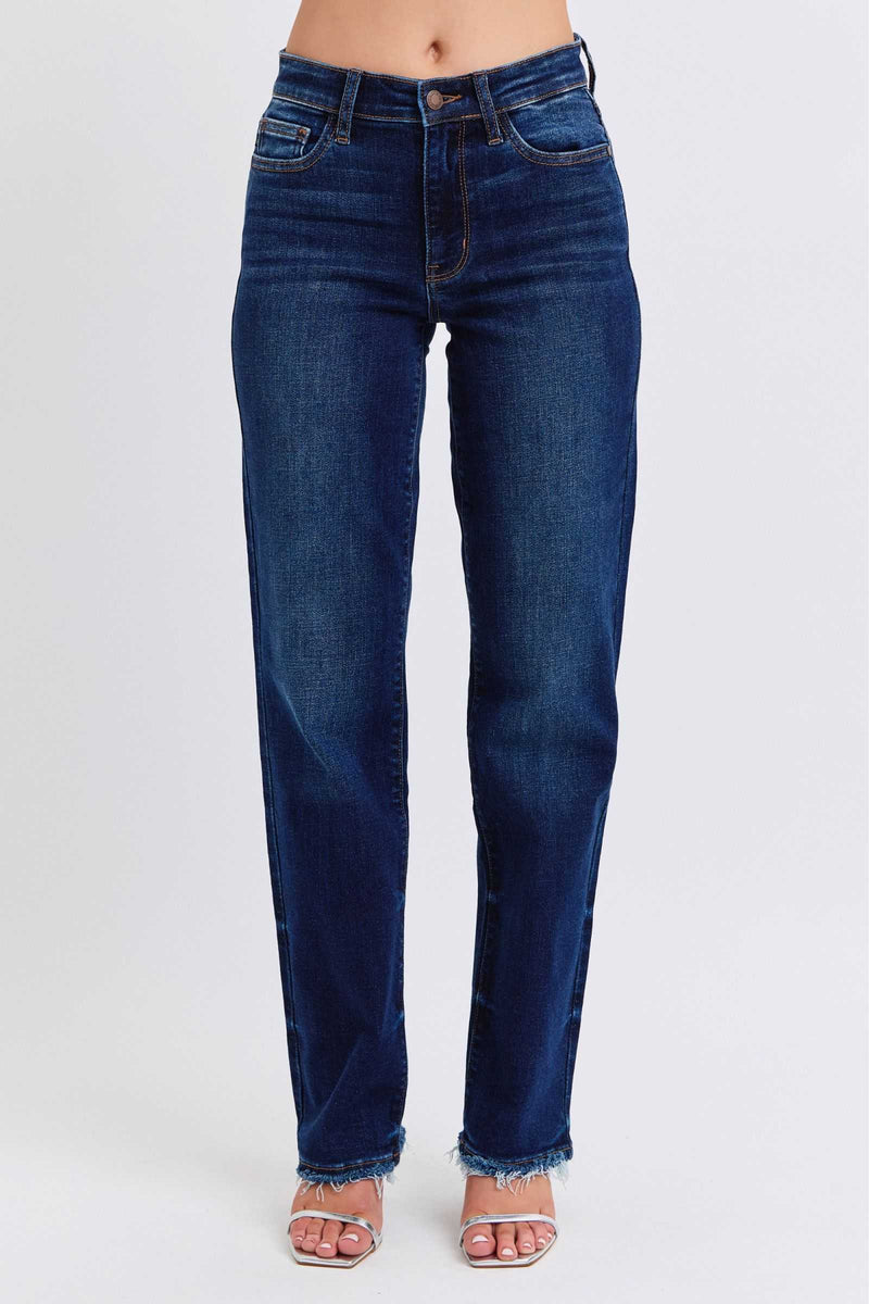 Judy Blue Full Size Raw Hem Straight Leg Jeans with a flattering silhouette and edgy raw hem design.