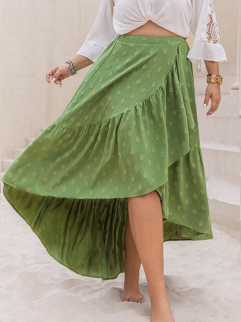 Plus size high-low skirt with ruffled hem, green color.