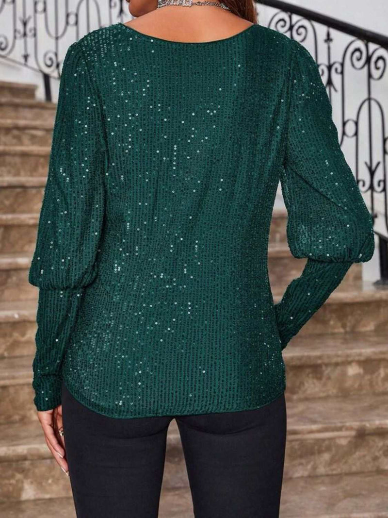 Sequin Boat Neck Long Sleeve Top in green, featuring opaque fabric with no stretch.