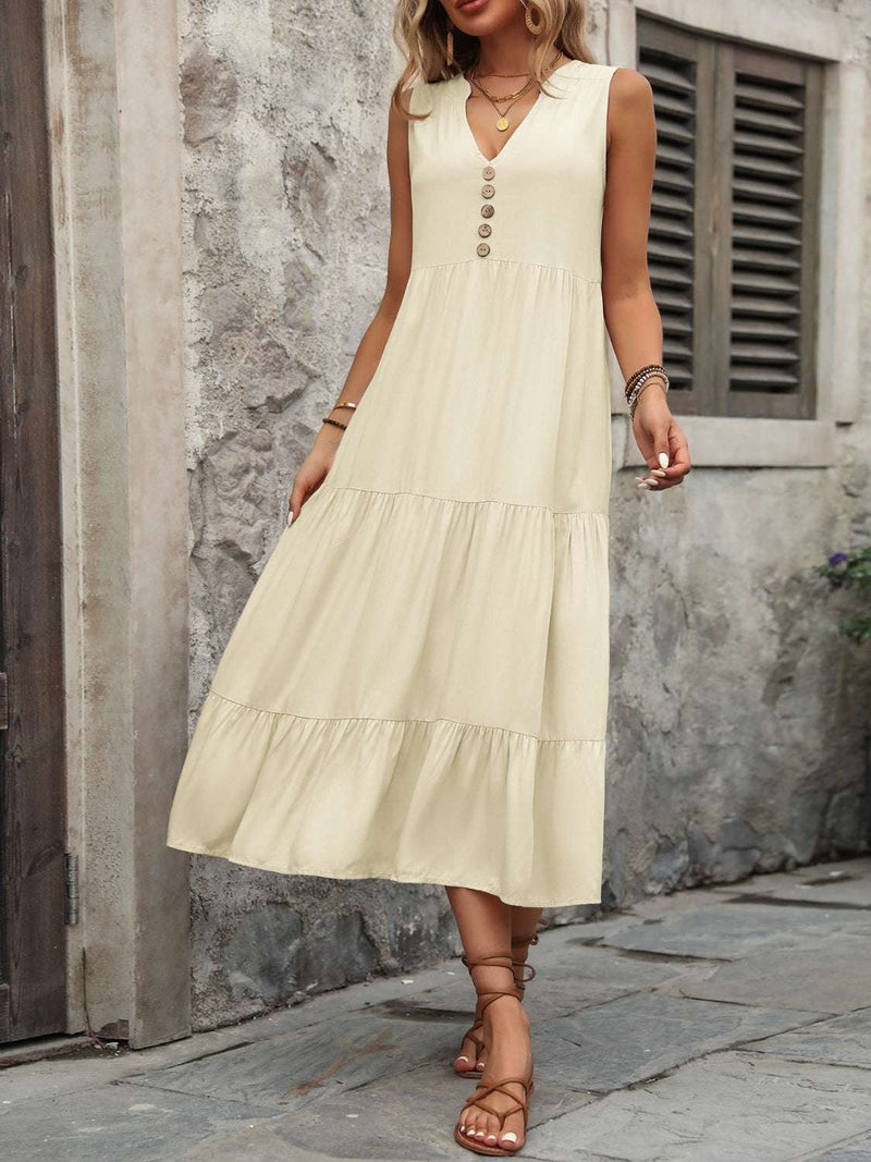 Ivy Lane sleeveless dress with decorative buttons, notched neckline, 100% cotton.