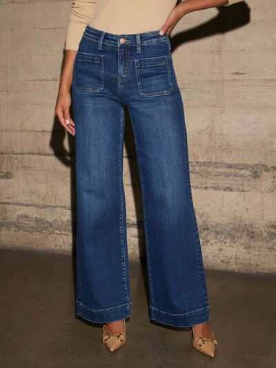High rise wide leg jeans with front patch pockets.