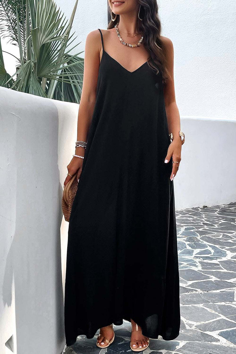 Devine Backless Maxi Cami Dress, black, pockets, 100% viscose, women's fashion.