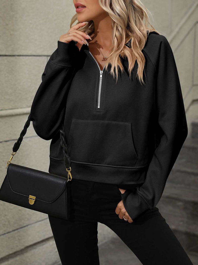 Mandy Half Zip Long Sleeve Sweatshirt, pocketed, slightly stretchy, black, women's casual wear.