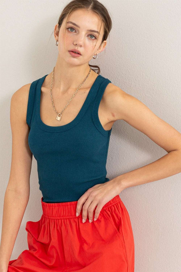 HYFVE Ribbed Scoop Neck Racerback Tank in dark teal, styled with red skirt.