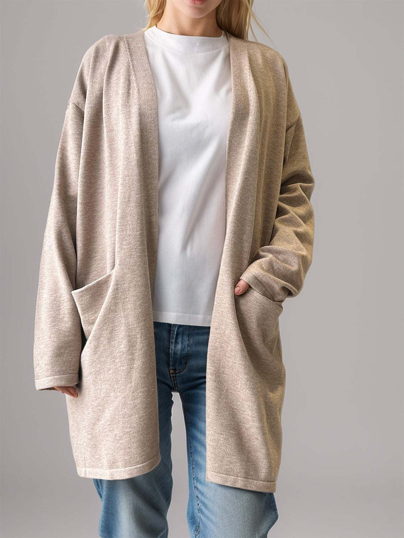 Open front long sleeve cardigan with pockets in beige, moderate stretch, casual fit.