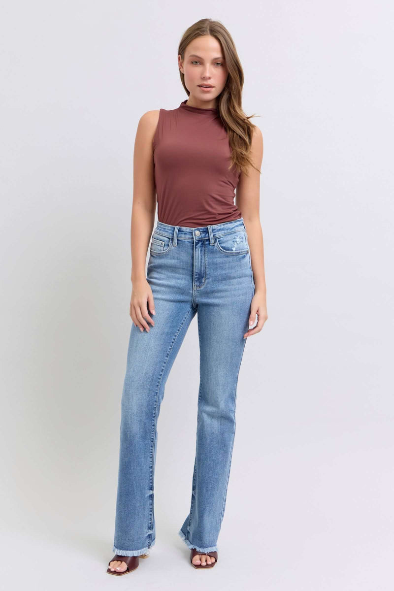 Judy Blue high rise bootcut jeans with raw hem detailing.
