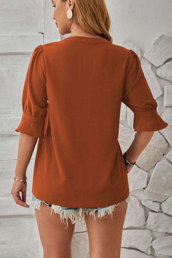 Notched Half Sleeve BlouseFeatures: Basic style
Sheer: Opaque
Stretch: No stretch
Material composition: 100% polyester
Care instructions: Machine wash cold. Tumble dry low.
Imported


Size
USAll TopsTrendsiKlondike Creek Unique BoutiqueNotched Half Sleeve Blouse