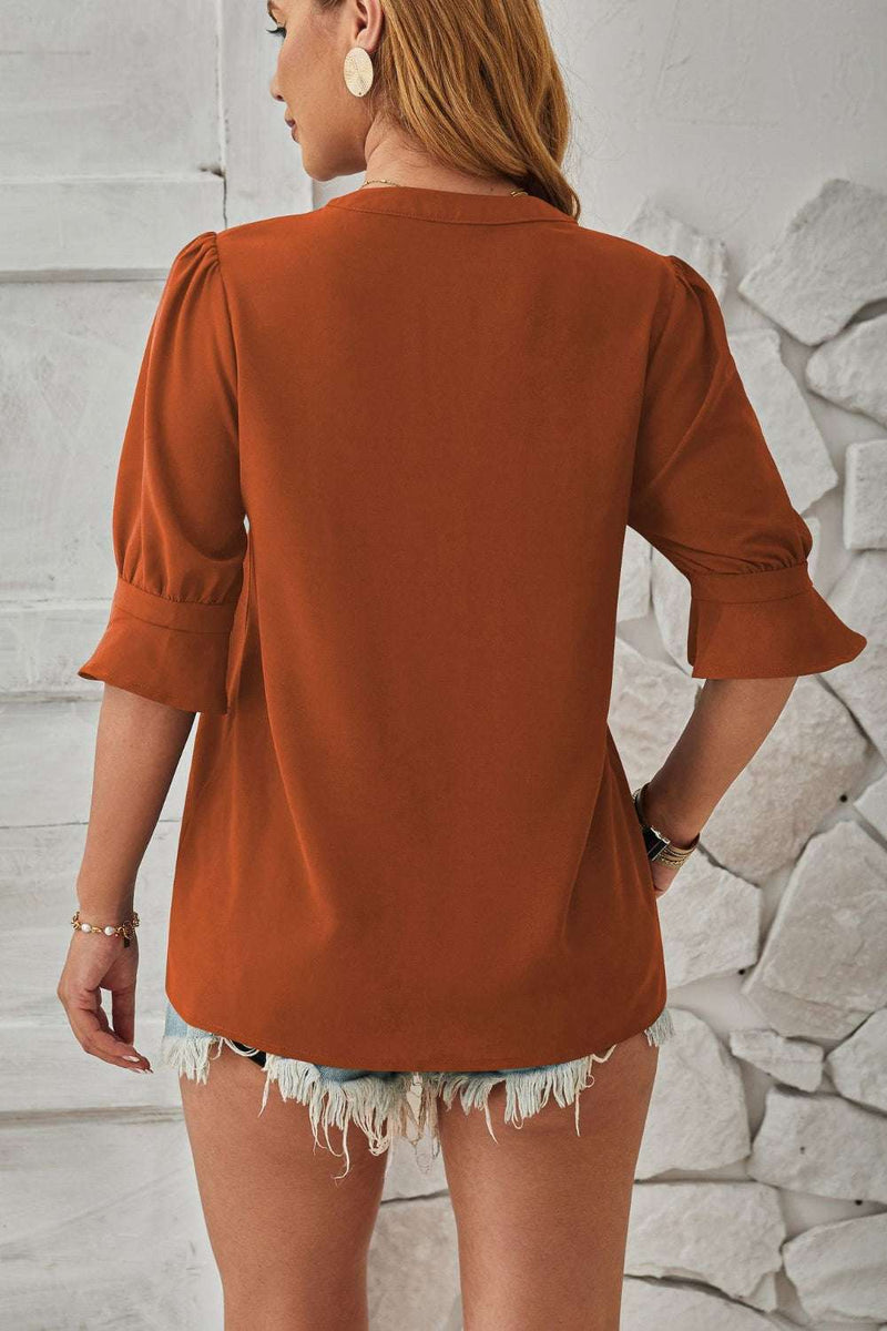 Notched Half Sleeve BlouseFeatures: Basic style
Sheer: Opaque
Stretch: No stretch
Material composition: 100% polyester
Care instructions: Machine wash cold. Tumble dry low.
Imported


Size
USAll TopsTrendsiKlondike Creek Unique BoutiqueNotched Half Sleeve Blouse