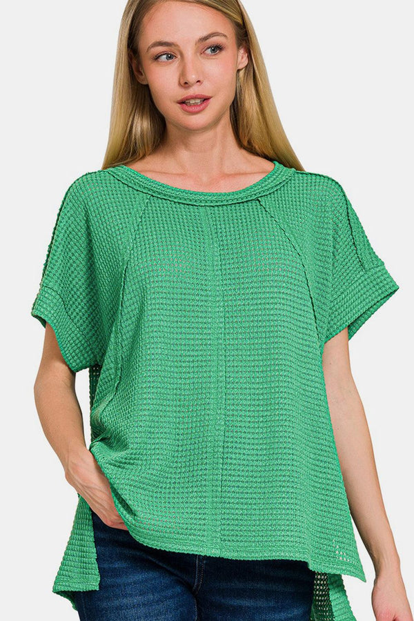 Zenana waffle exposed-seam short sleeve t-shirt in green, worn casually.