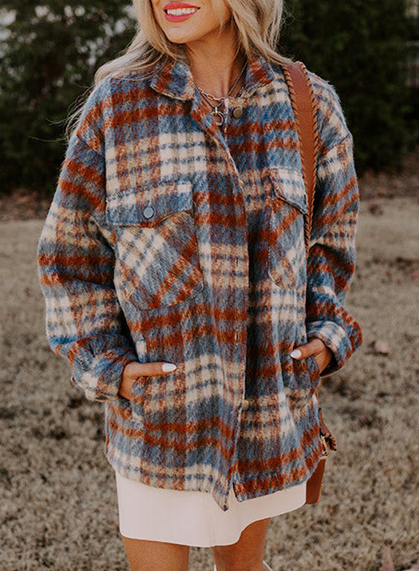 Cinnamon Plaid Print Chest Pockets Turn Down Collar Shacket