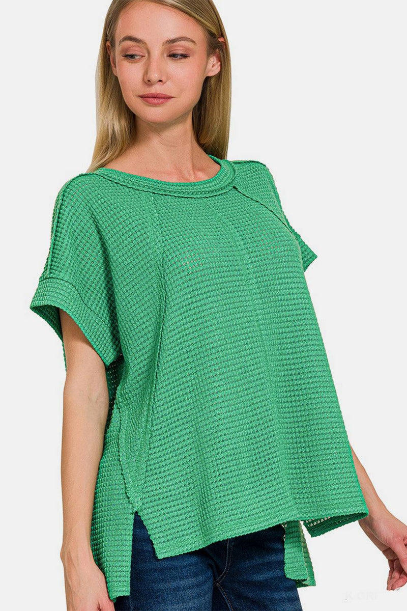 Zenana Waffle Exposed-Seam Short Sleeve T-Shirt in green, waffle-knit fabric, trendy casual wear.