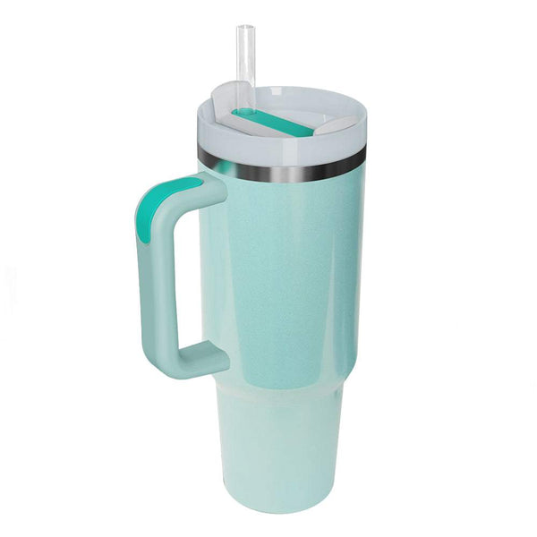 Stainless steel tumbler with handle and straw, glitter finish, color-changing, 40 oz capacity.