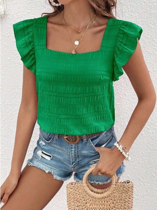 Ruffled square neck cap sleeve blouse in green.
