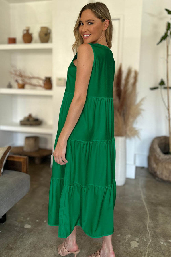 FAM-FAM V-Neck Sleeveless Midi Tiered Dress in green, displaying a basic style with a slightly stretchy polyester-spandex material.