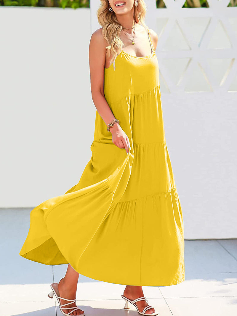 Full size ruched tiered spaghetti strap dress in yellow with moderate stretch.
