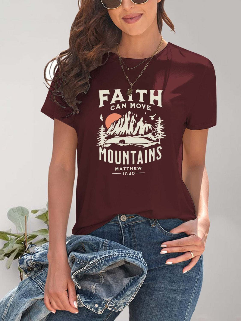 Graphic round neck short sleeve T-shirt in maroon with mountain design.