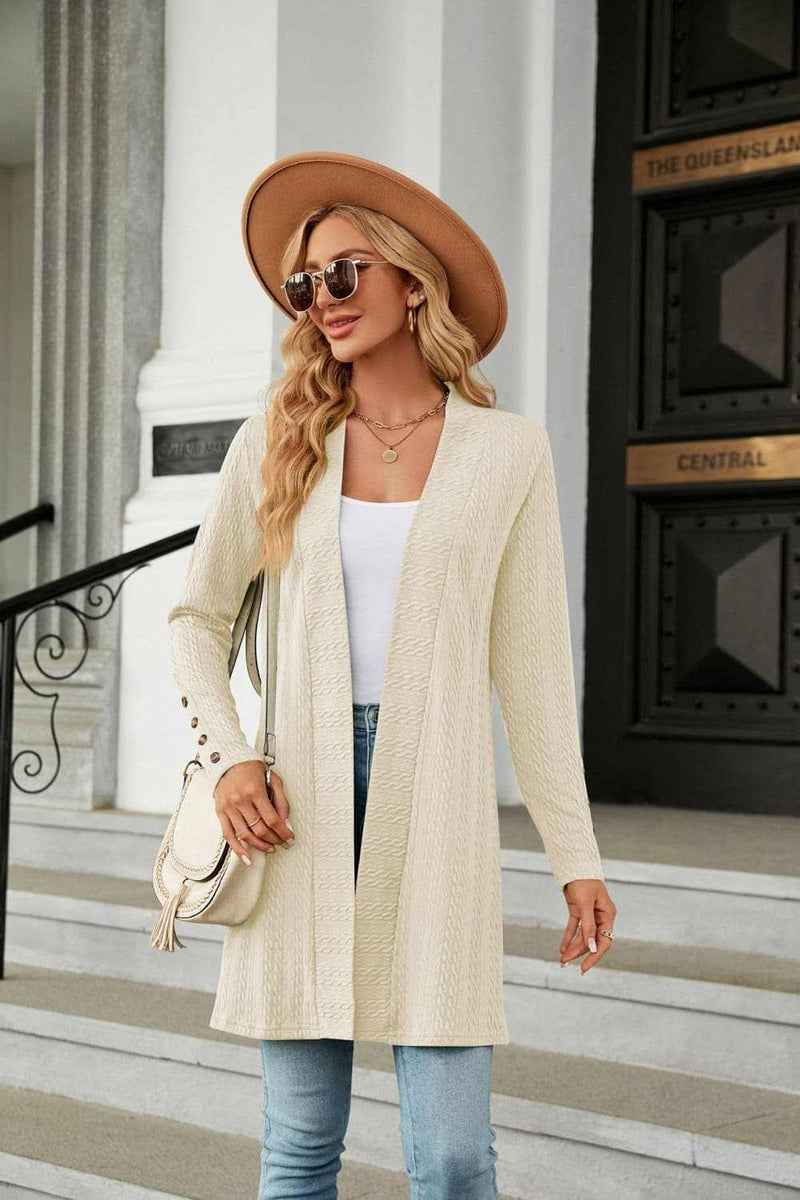 Long sleeve open front cardigan in solid color, casual style.
