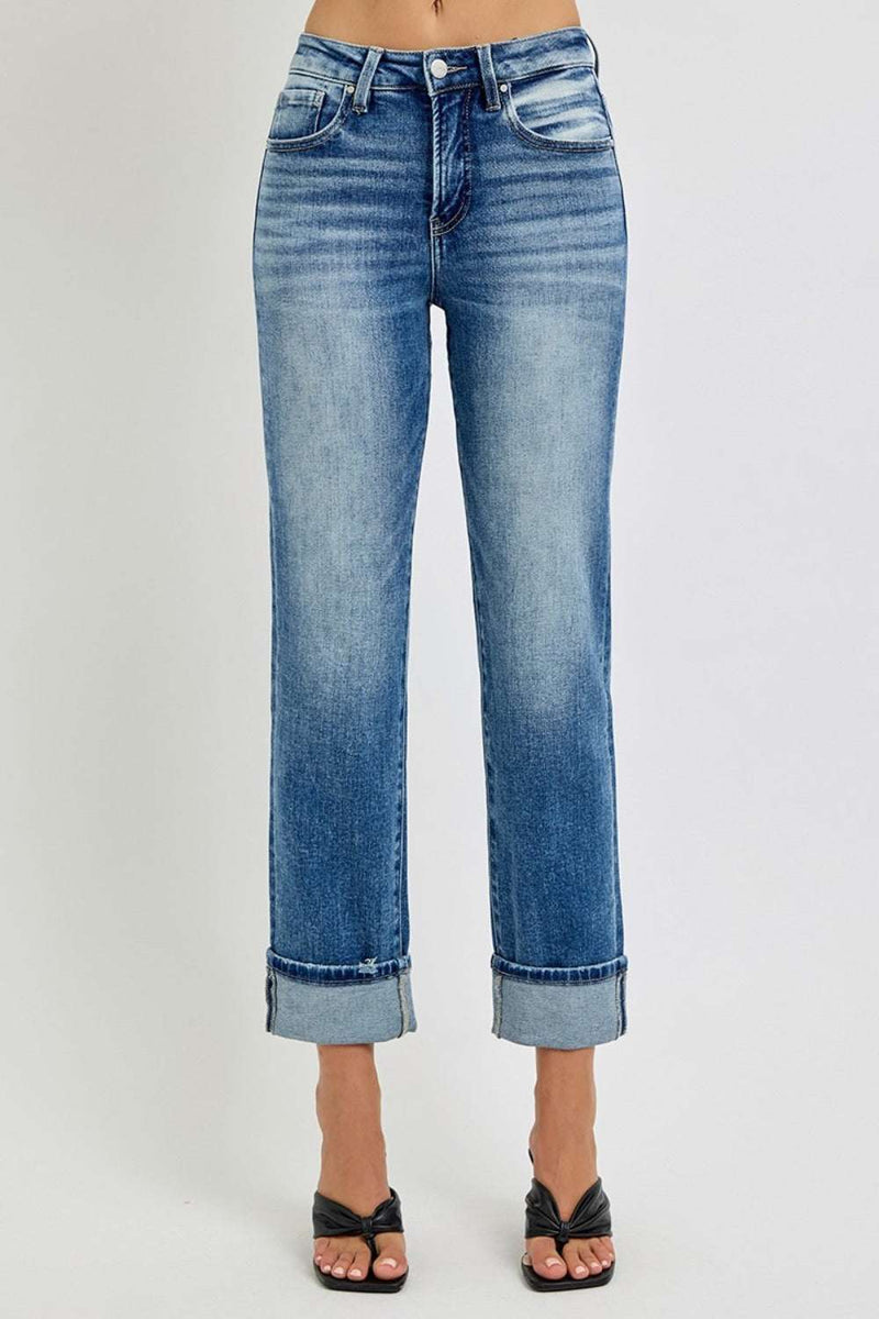 RISEN Full Size High Rise Crop Straight Roll Up Jeans in blue wash.