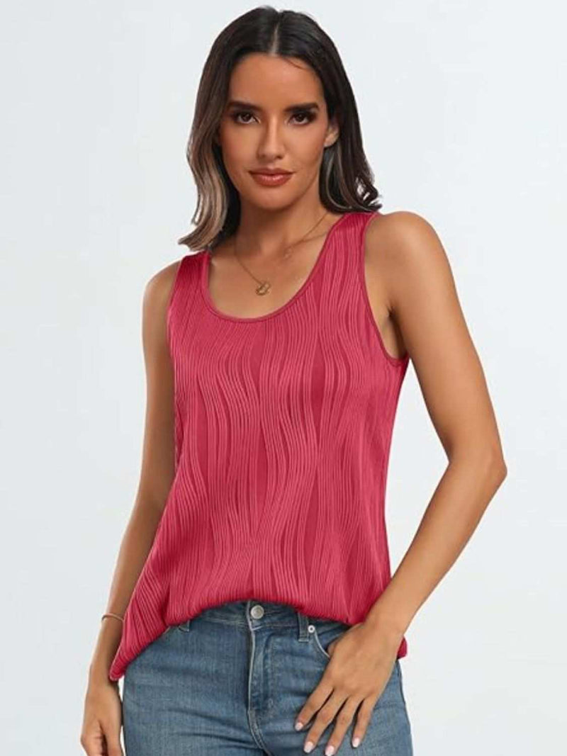 Round neck wide strap tank in red with basic style and slightly stretchy fit.