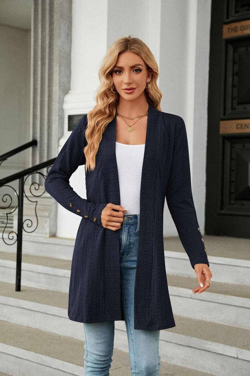 Long sleeve open front cardigan in solid navy, casual style.