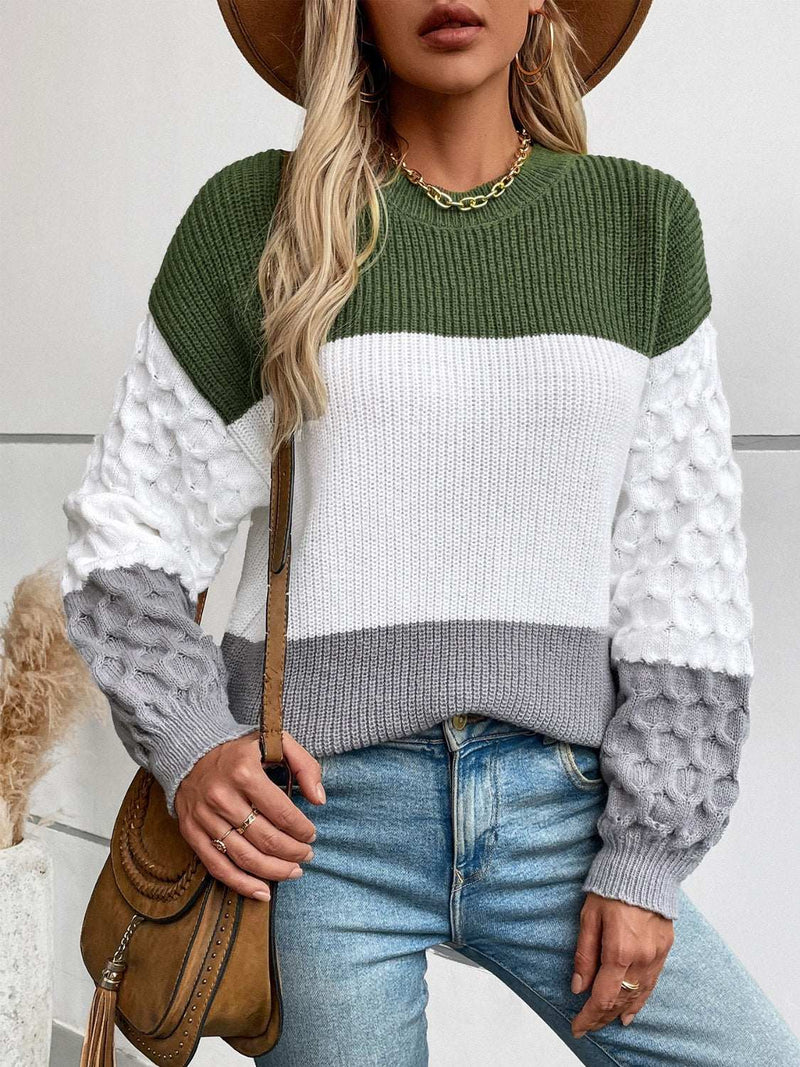 Color Block Round Neck Long Sleeve Sweater with green, white, and gray design.