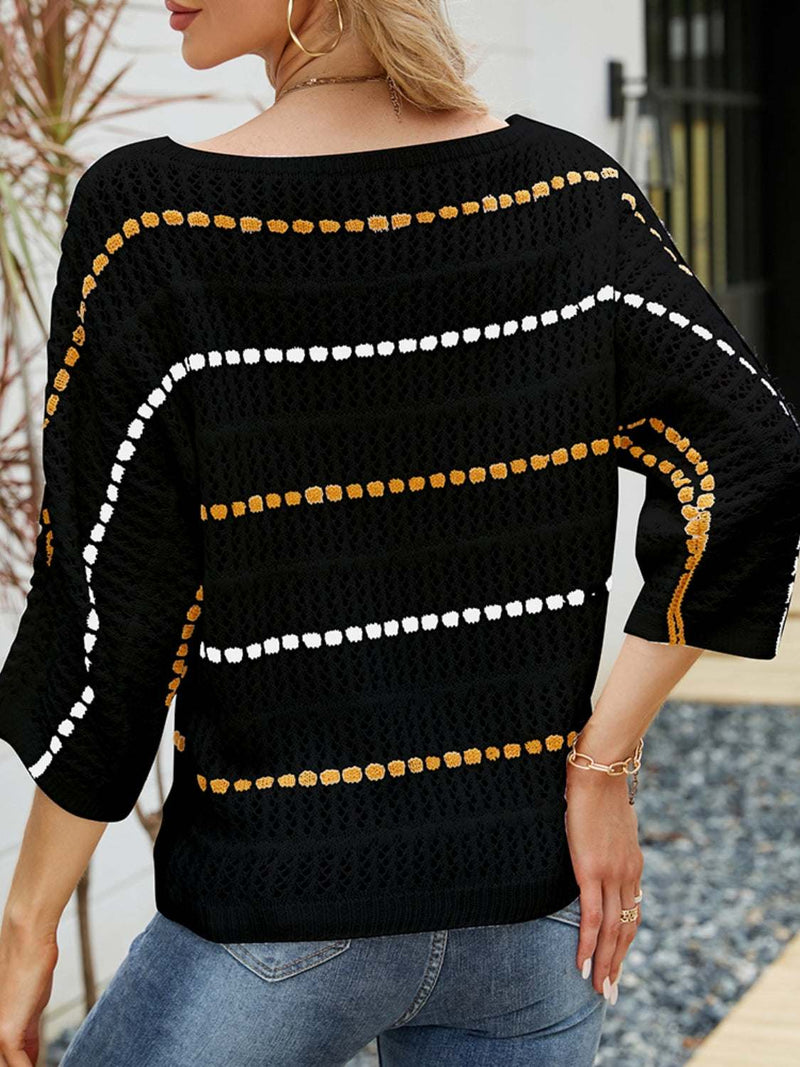 Eyelet striped round neck knit top in black with gold and white stripes, slightly stretchy acrylic fabric.