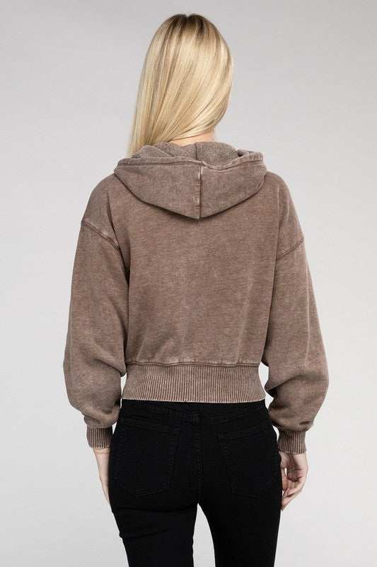 Acid Wash Fleece Cropped Zip-Up Hoodie in brown, back view, drawstring hood, long sleeves, ribbed waistband, casual style.