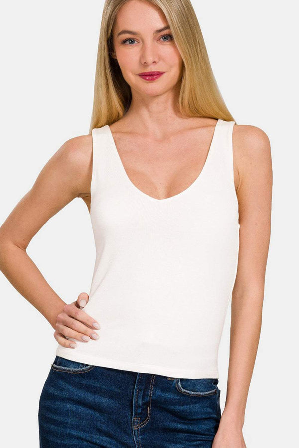 Zenana Double Layer V Neck Tank in white, versatile and stylish women's top.
