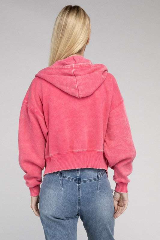 Acid Wash Fleece Cropped Zip-Up Hoodie in pink, rear view, showcasing drawstring hood and relaxed fit.