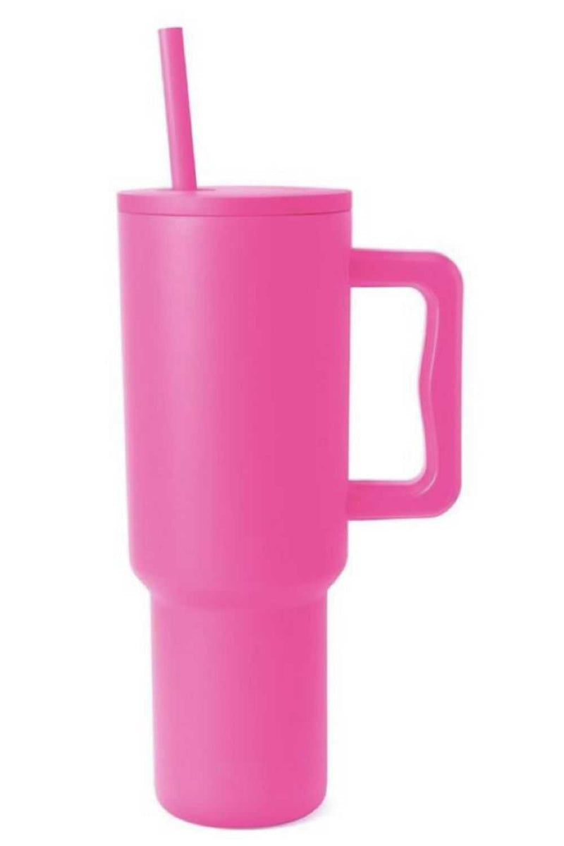 Monochromatic stainless steel tumbler with matching straw, easy grip handle, and screw-open lid.