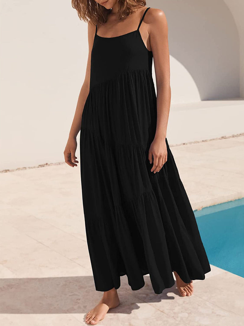 Full Size Ruched Tiered Spaghetti Strap Dress by poolside.