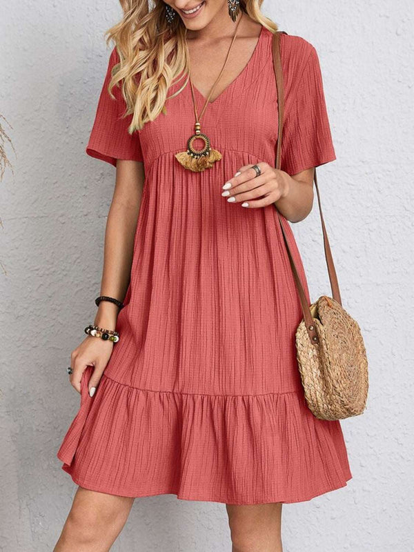 Full size V-neck short sleeve dress, basic style, 100% polyester.