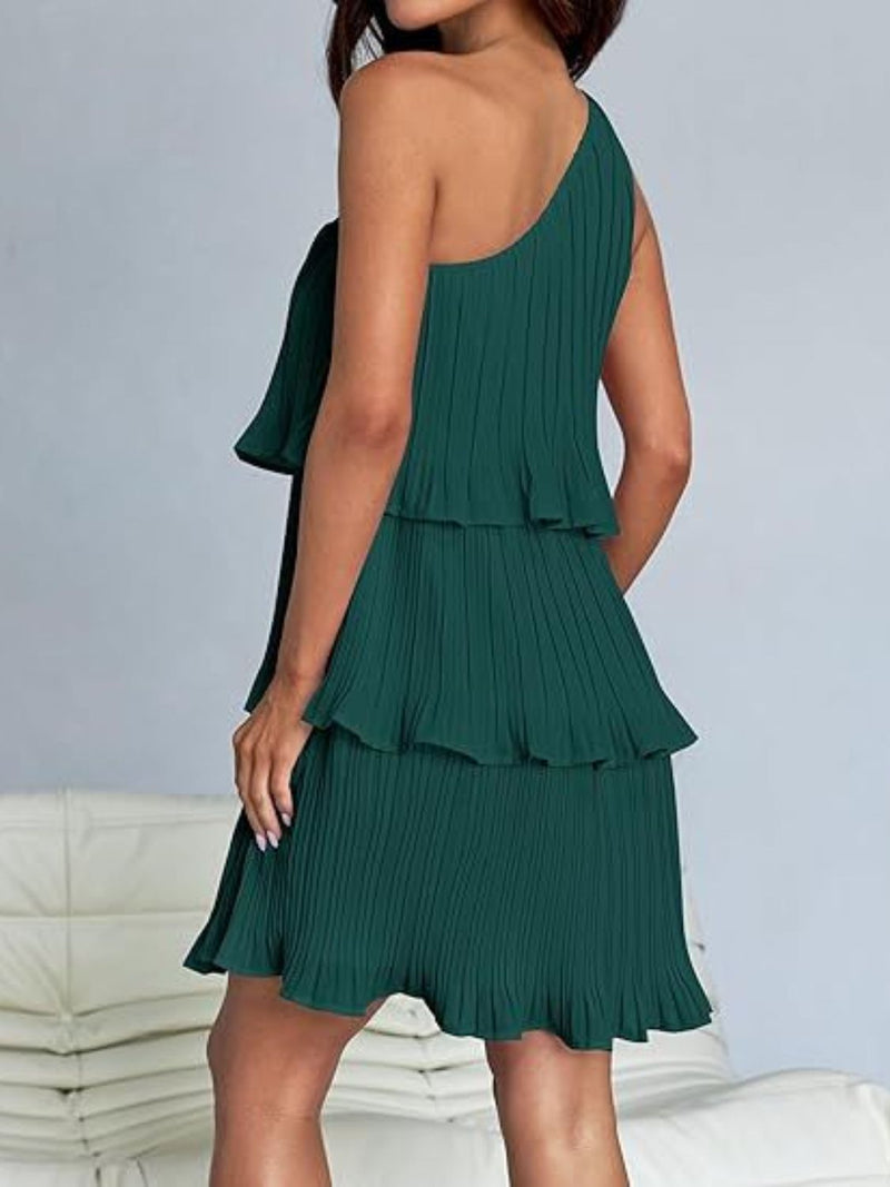 Layered single shoulder mini dress, ruffled design, green color, 100% polyester.