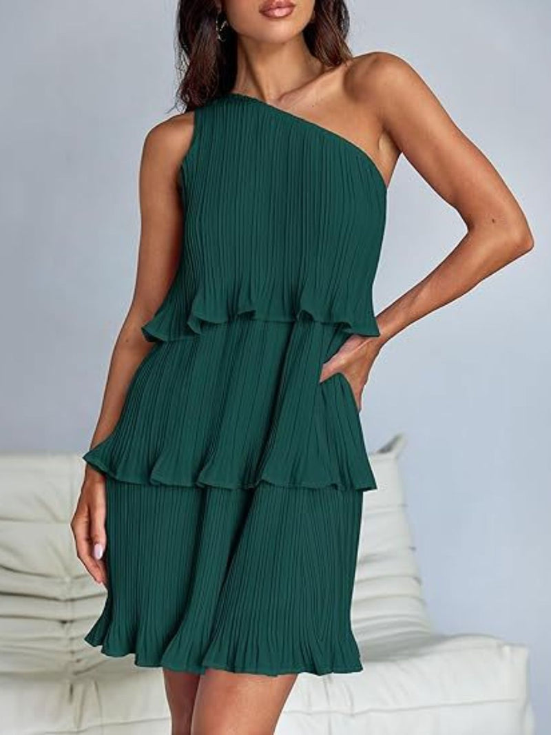 Layered single shoulder mini dress, ruffled, green, polyester, slightly stretchy.