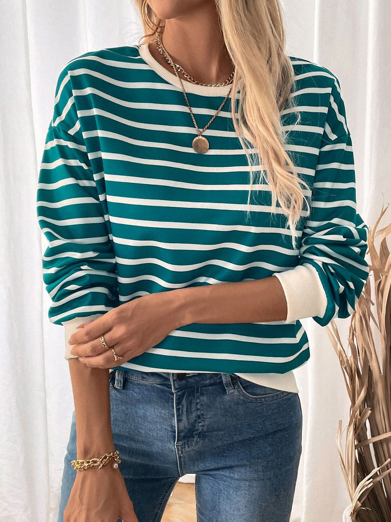 Perfee striped contrast round neck long sleeve sweatshirt in teal and white.