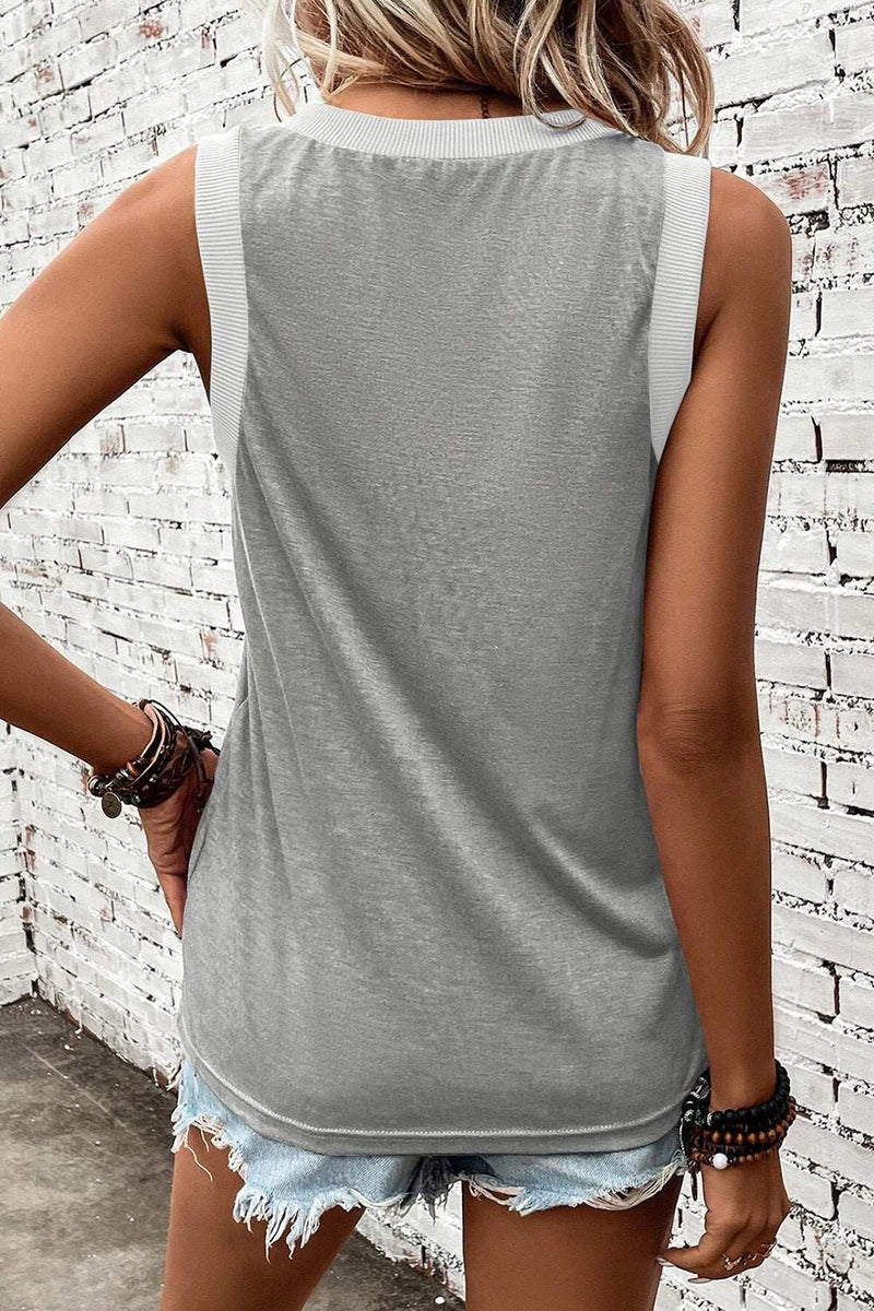 V-Neck wide strap tank top in grey with basic style and opaque stretchy fabric.