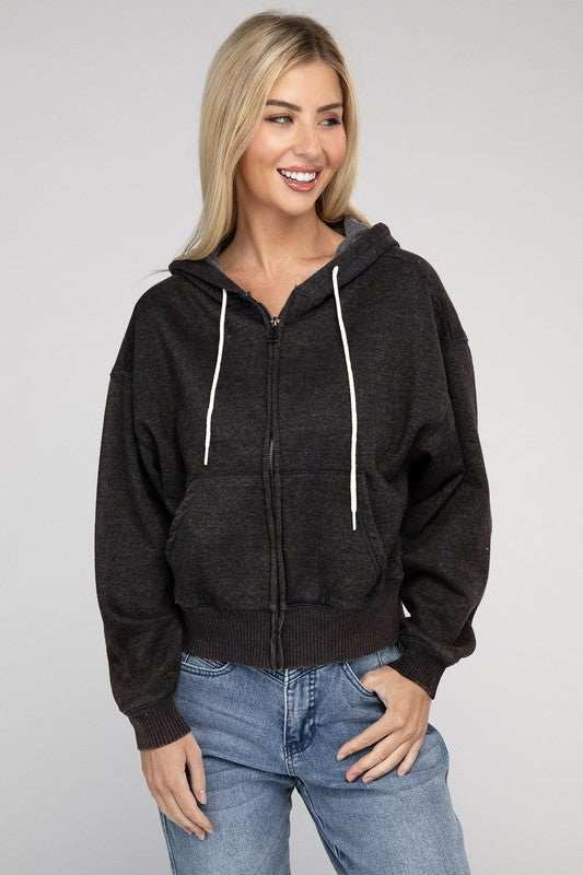 Acid Wash Fleece Cropped Zip-Up Hoodie with drawstring hood and pockets.
