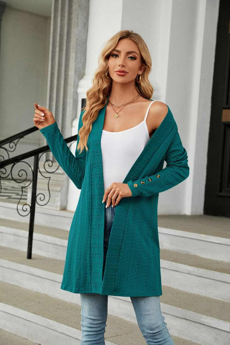 Casual long sleeve open front cardigan in solid teal color.