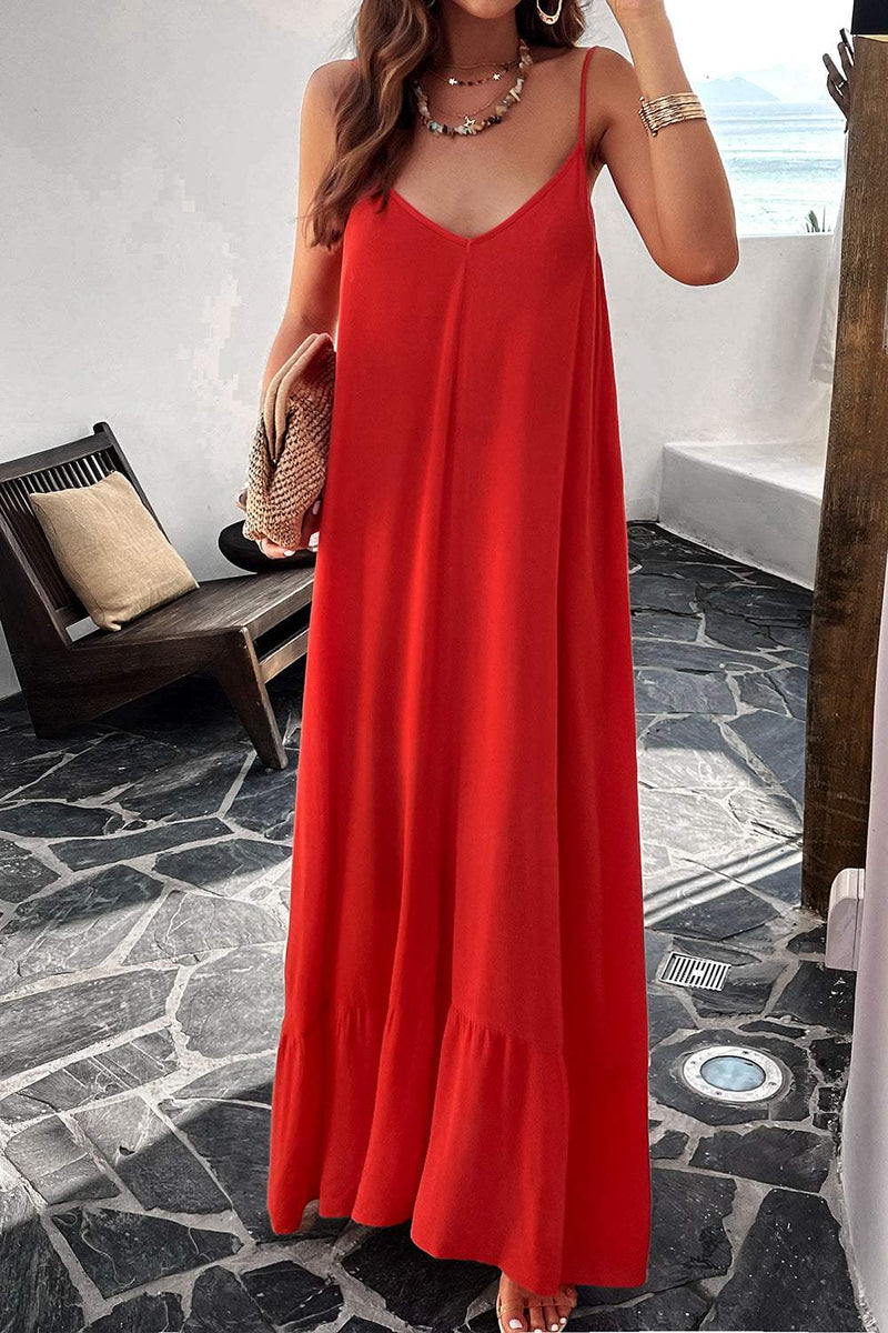 Devine Backless Maxi Cami Dress in red with pockets, slightly stretchy, made from 100% viscose.