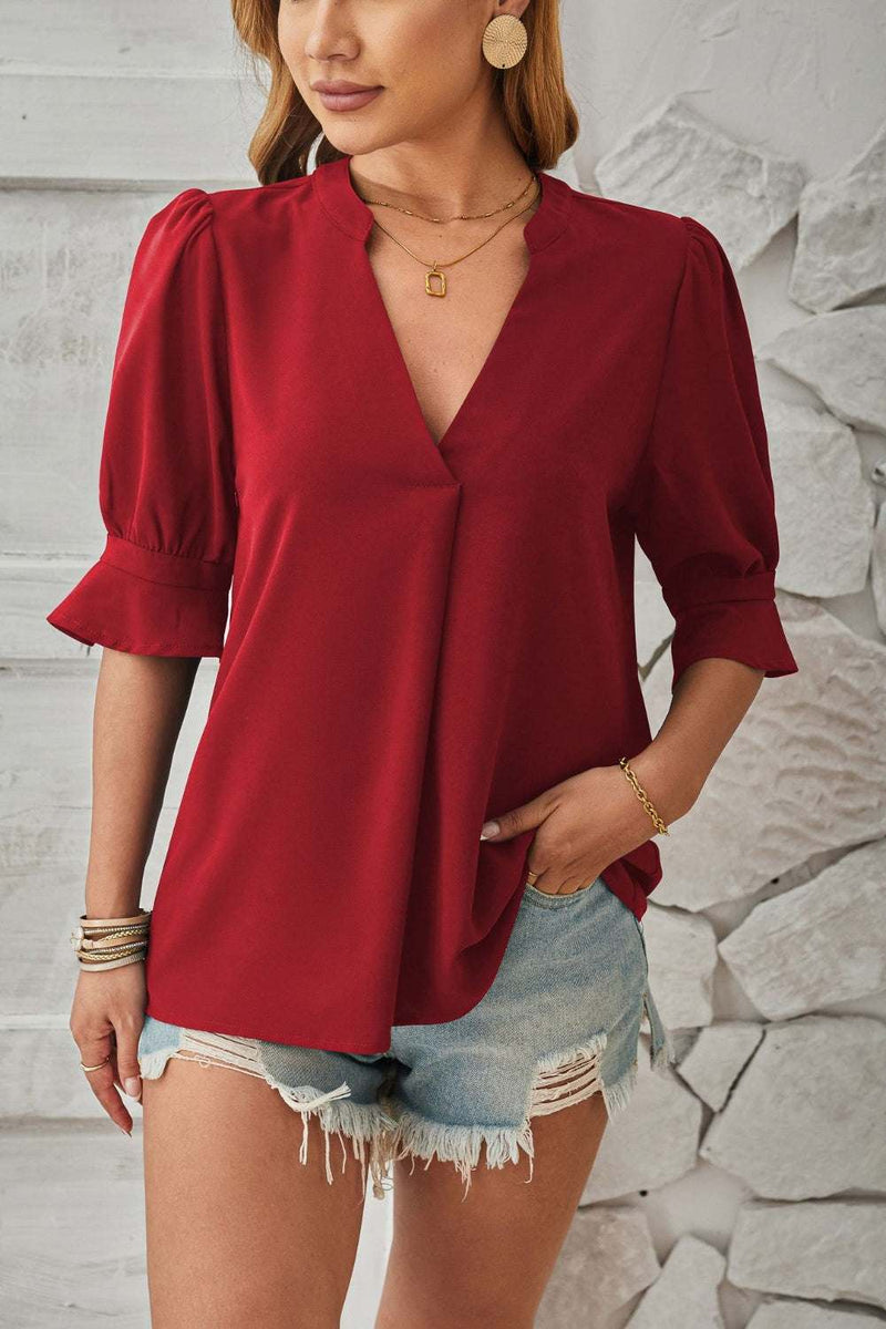 Notched Half Sleeve BlouseFeatures: Basic style
Sheer: Opaque
Stretch: No stretch
Material composition: 100% polyester
Care instructions: Machine wash cold. Tumble dry low.
Imported


Size
USAll TopsTrendsiKlondike Creek Unique BoutiqueNotched Half Sleeve Blouse