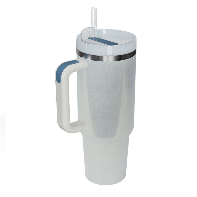 Stainless steel tumbler with handle and straw, glitter finish, 40 oz capacity.